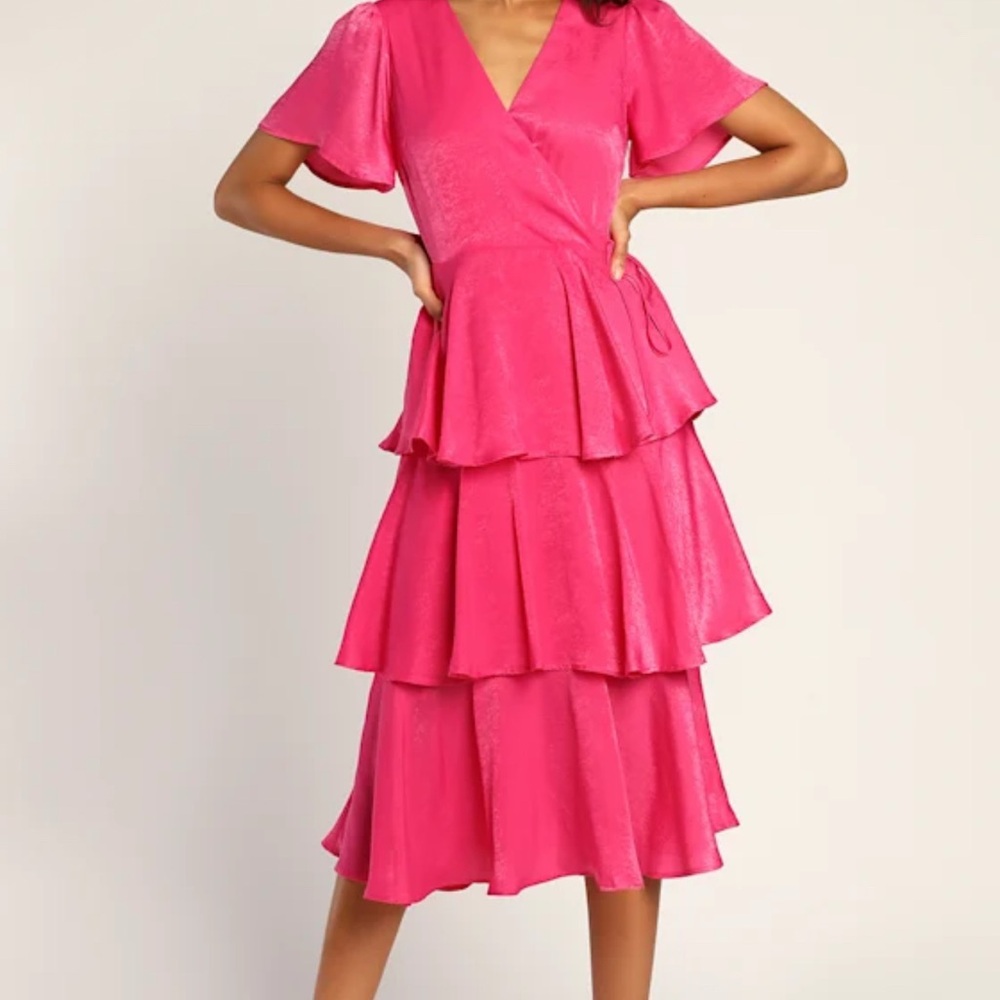 NWT Lulus Hot Pink Satin Ruffle MIDI Dress Medium